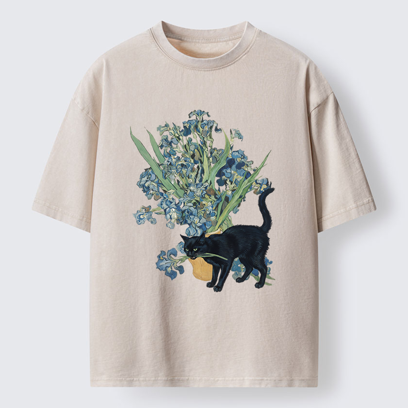 Tokyo-Tiger Black Cat And Orchid Washed T-Shirt