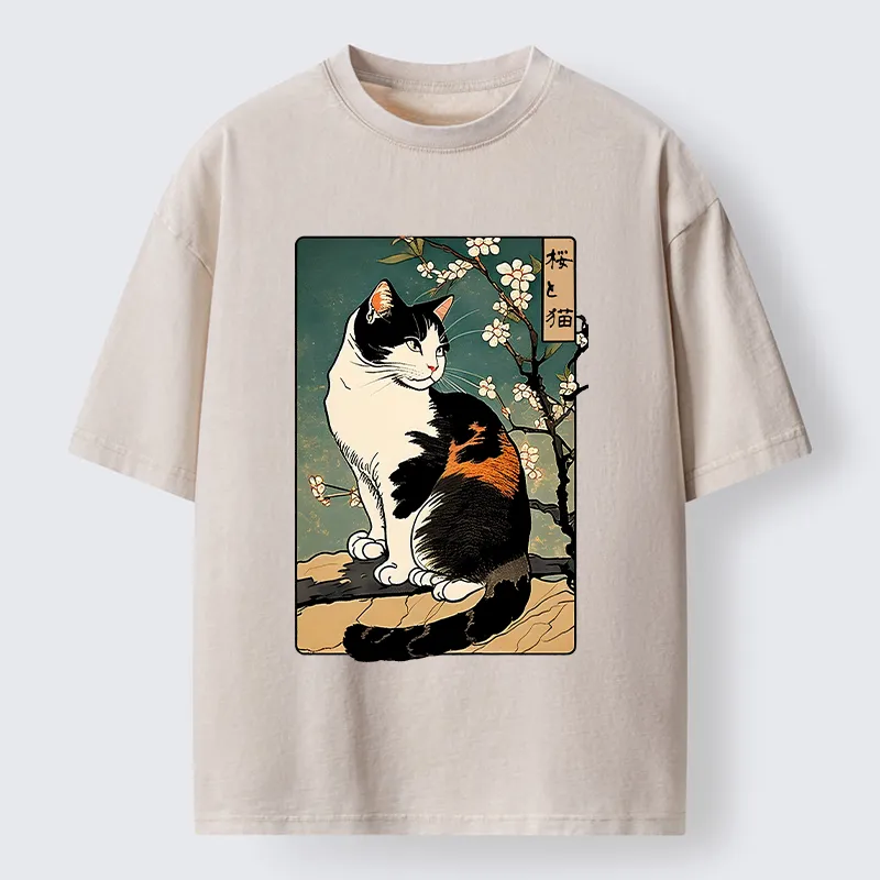 Tokyo-Tiger The Cat Under the Sakura Washed T-Shirt