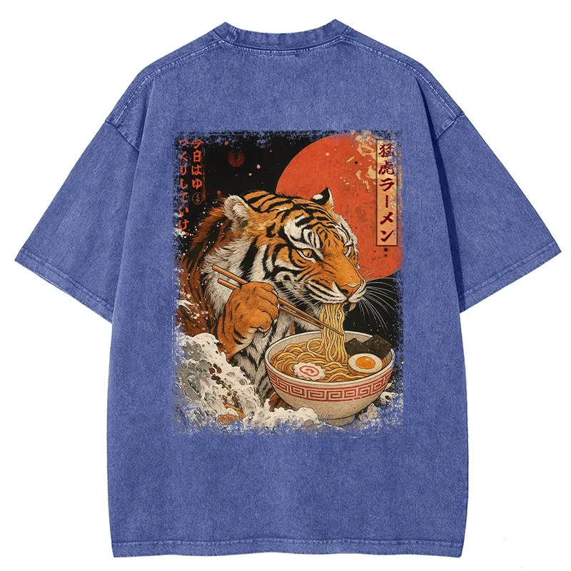 Tokyo-Tiger Ukiyoe Japan Tiger Eating Ramen Back Washed T-Shirt