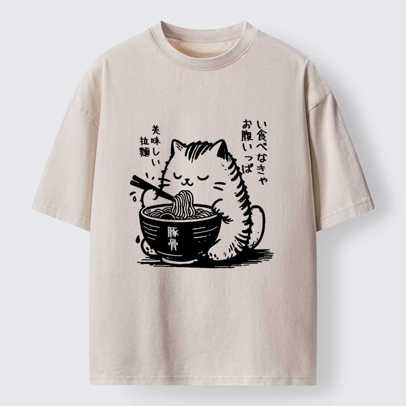 Tokyo-Tiger Cute Cat Eating Ramen Washed T-Shirt