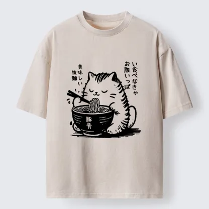 Tokyo-Tiger Cute Cat Eating Ramen Washed T-Shirt