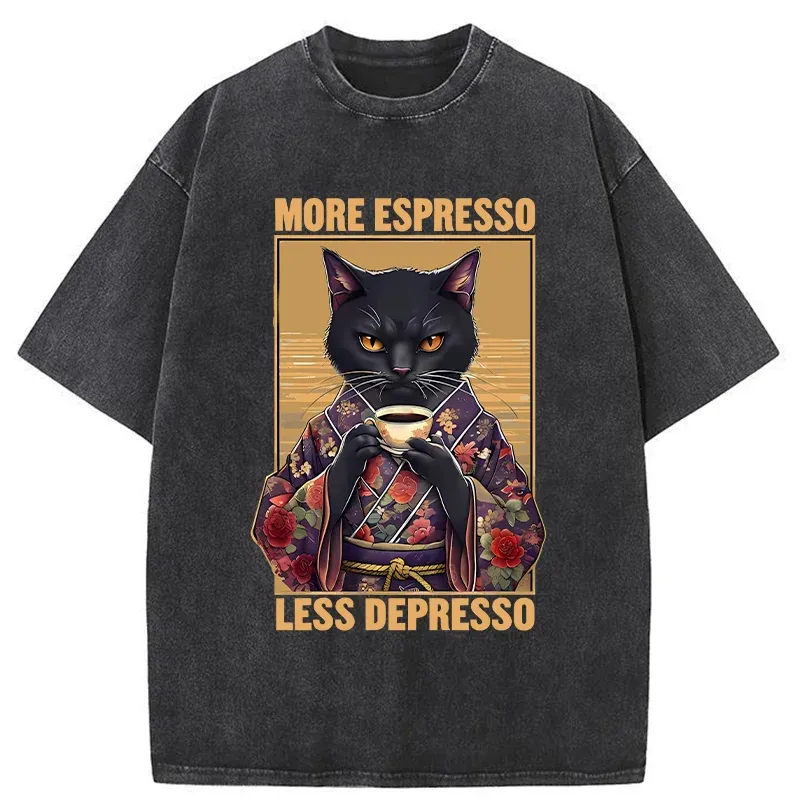 Tokyo-Tiger More Espresso Less Depresso Funny Washed T-Shirt