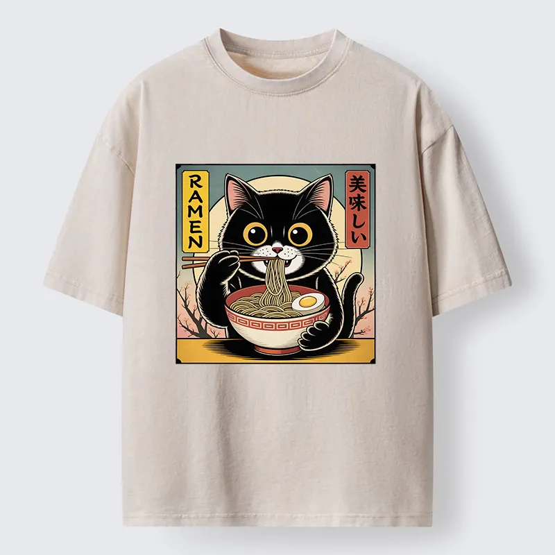 Tokyo-Tiger Black Cat Eats A Big Bowl Of Ramen Funny Washed T-Shirt