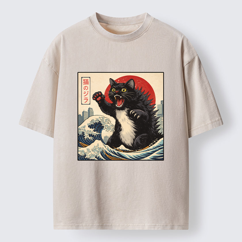 Tokyo-Tiger Black Cat Eats A Big Bowl Of Ramen Funny Washed T-Shirt