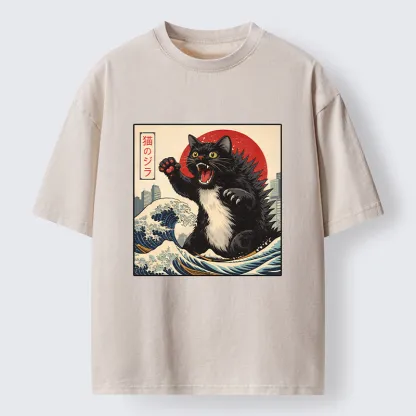 Tokyo-Tiger Black Cat Eats A Big Bowl Of Ramen Funny Washed T-Shirt