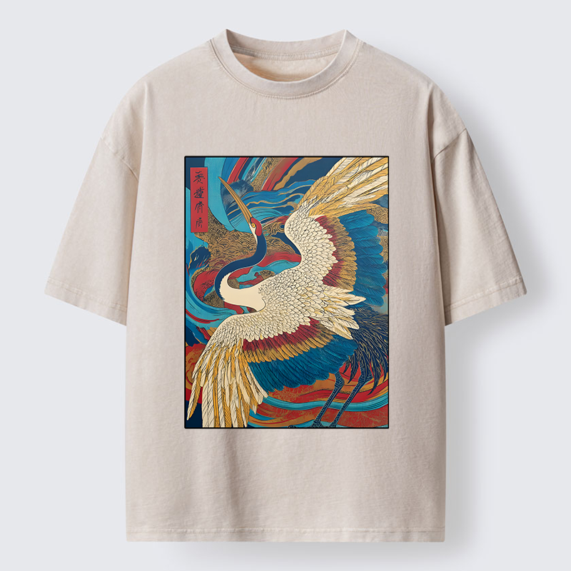 Tokyo-Tiger Retro And Gorgeous Crane Washed T-Shirt