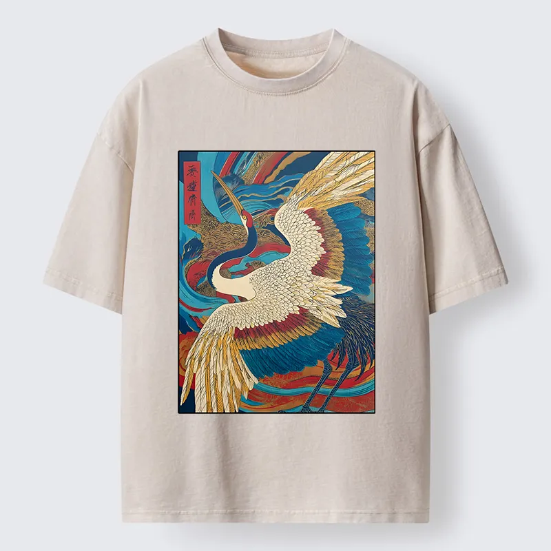 Tokyo-Tiger Retro And Gorgeous Crane Washed T-Shirt