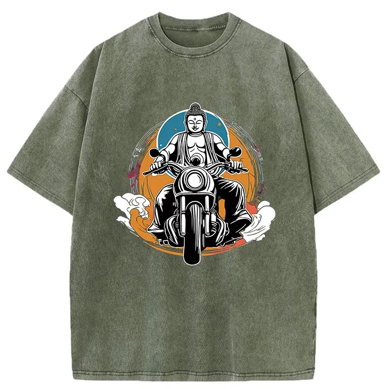 Tokyo-Tiger Buddha Riding A Motorcycle Washed T-Shirt