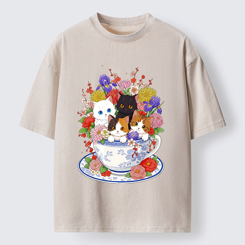 Tokyo-Tiger Four Adorable Kittens Washed T-Shirt