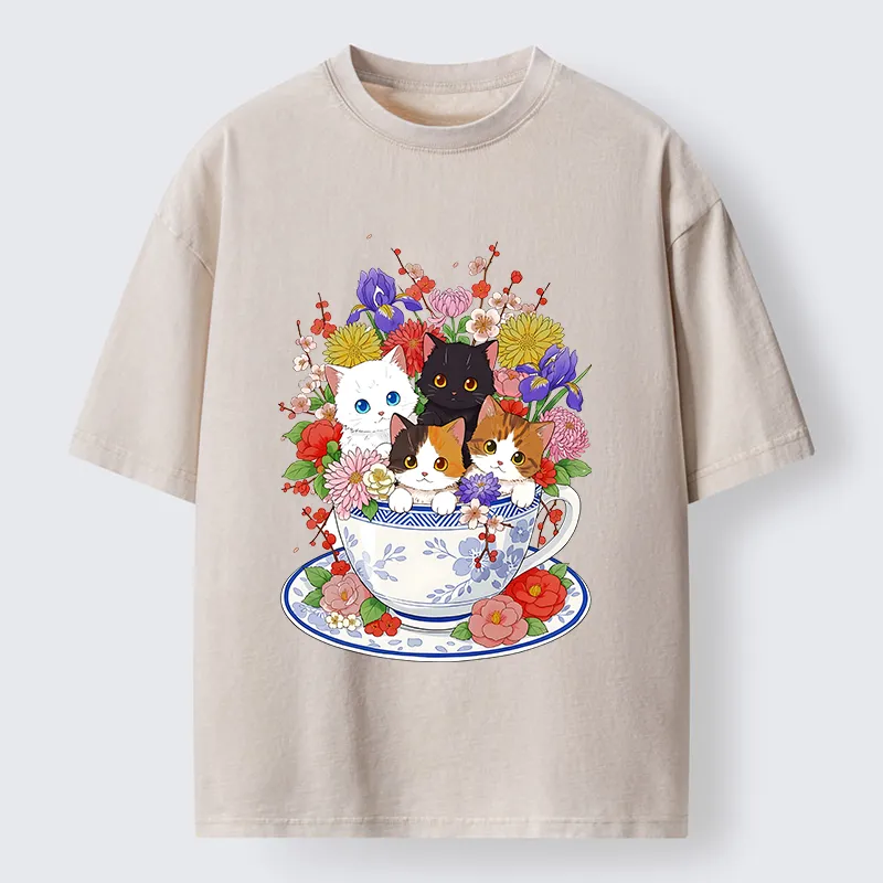 Tokyo-Tiger Four Adorable Kittens Washed T-Shirt