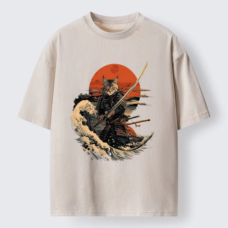 Tokyo-Tiger Handsome Cat Samurai Japanese Washed T-Shirt