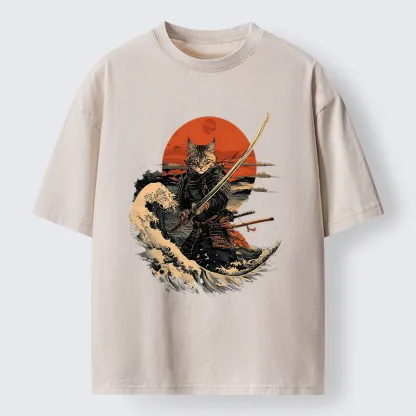 Tokyo-Tiger Handsome Cat Samurai Japanese Washed T-Shirt