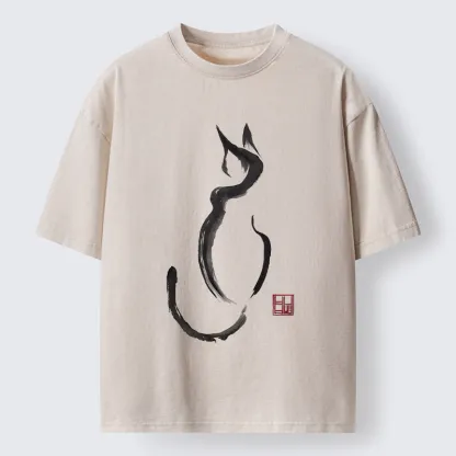 Tokyo-Tiger Minimalist Cat Ink Washed T-Shirt