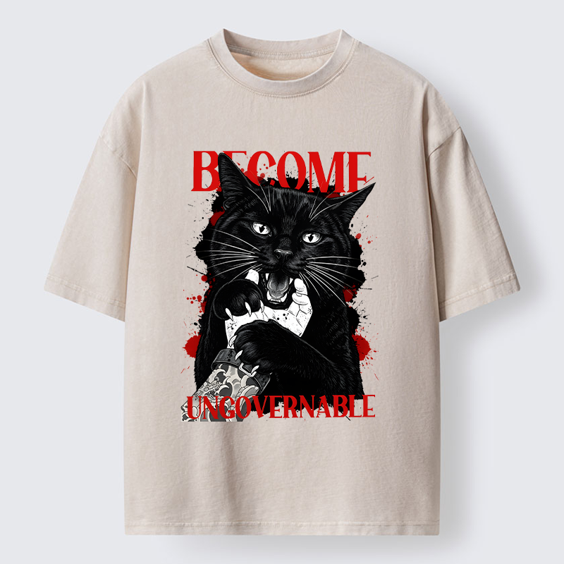 Tokyo-Tiger Biting Black Cat Washed T-Shirt