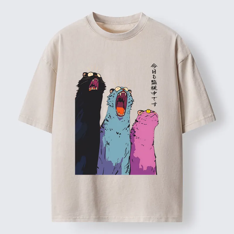 Tokyo-Tiger Howling Cat Washed T-Shirt