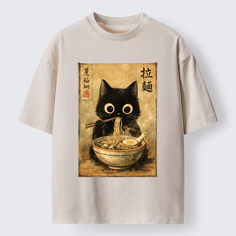 Tokyo-Tiger Cute Black Cat Eating Japanese Ramen Washed T-Shirt