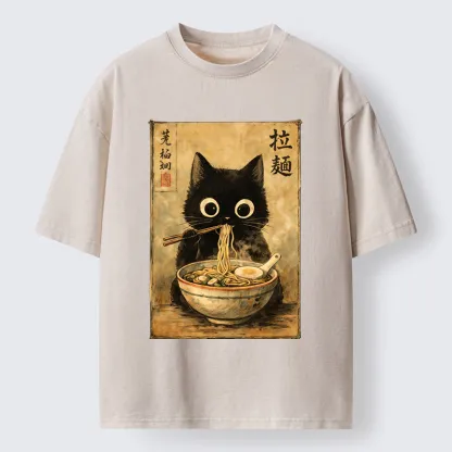 Tokyo-Tiger Cute Black Cat Eating Japanese Ramen Washed T-Shirt
