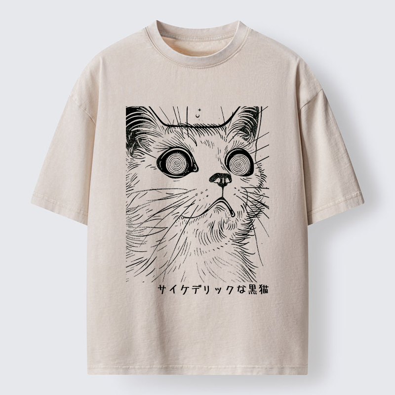 Tokyo-Tiger Trippy Black Cat Washed T-Shirt
