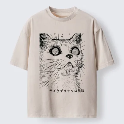 Tokyo-Tiger Trippy Black Cat Washed T-Shirt