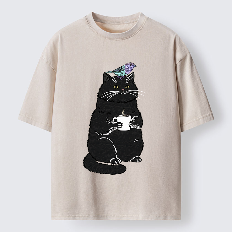 Tokyo-Tiger Black Cat And Bird Washed T-Shirt
