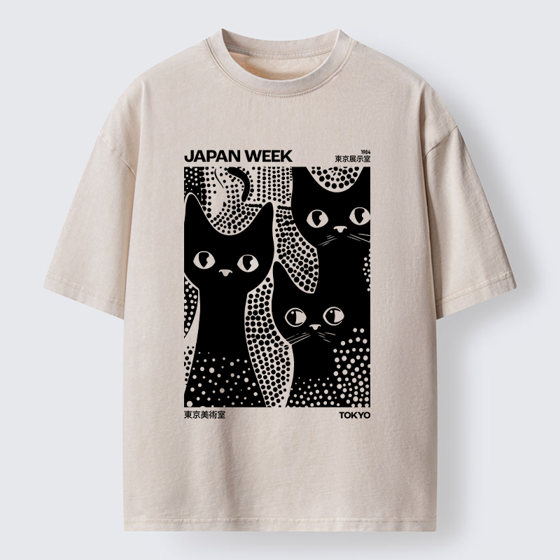 Tokyo-Tiger Black Cat Polka Dot Art Washed T-Shirt