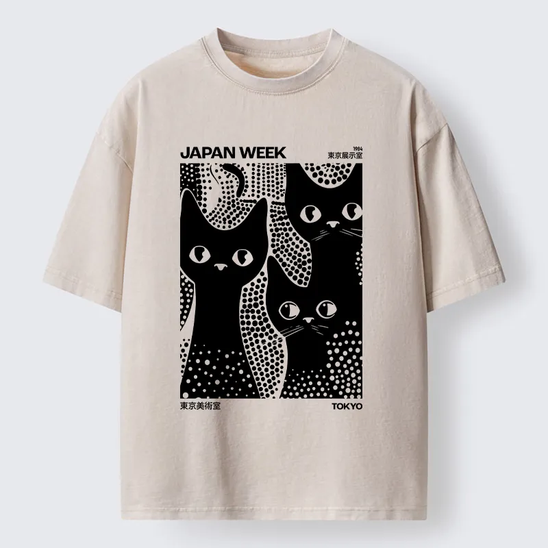 Tokyo-Tiger Black Cat Polka Dot Art Washed T-Shirt