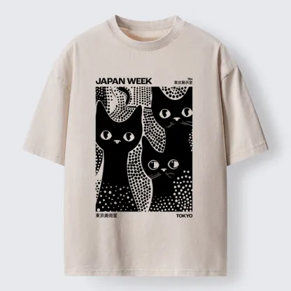 Tokyo-Tiger Black Cat Polka Dot Art Washed T-Shirt