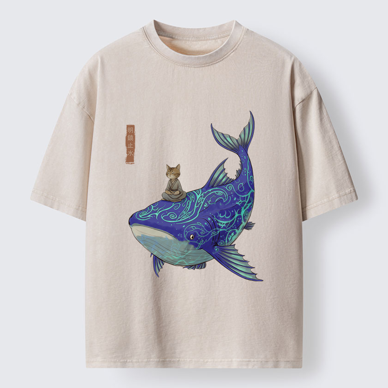 Tokyo-Tiger Cat Riding A Whale Washed T-Shirt
