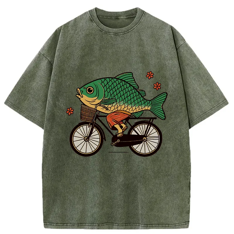 Tokyo-Tiger Funny Fish Riding A Bicycle Washed T-Shirt