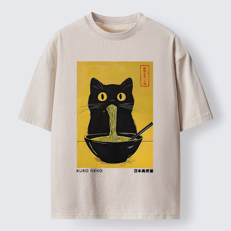 Tokyo-Tiger Black Cat Eats Ramen In Big Bites Washed T-Shirt