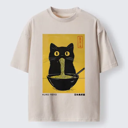 Tokyo-Tiger Black Cat Eats Ramen In Big Bites Washed T-Shirt