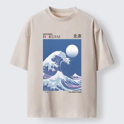 Tokyo-Tiger Blue Ukiyo-e Waves Washed T-Shirt