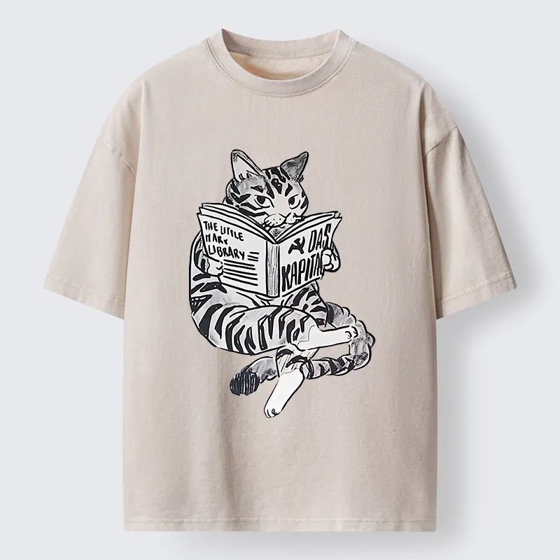 Tokyo-Tiger Cat Reading Books Washed T-Shirt Sale