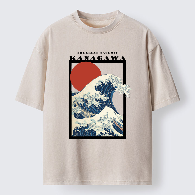 Tokyo-Tiger Minimalist Ukiyo-e Waves Washed T-Shirt