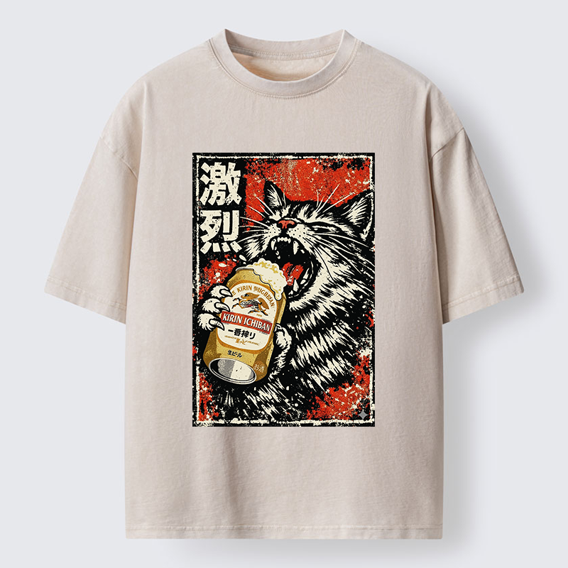 Tokyo-Tiger Cat Drinking Beer Washed T-Shirt