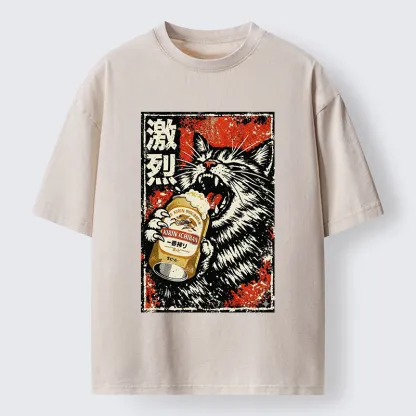 Tokyo-Tiger Cat Drinking Beer Washed T-Shirt