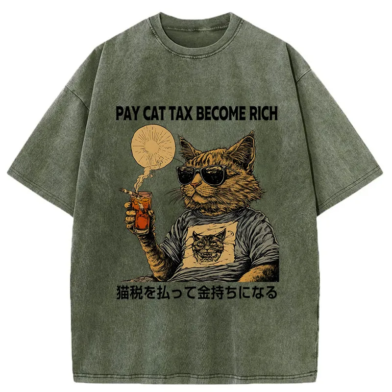 Tokyo-Tiger Pay Cat Tax Become Rich Washed T-Shirt