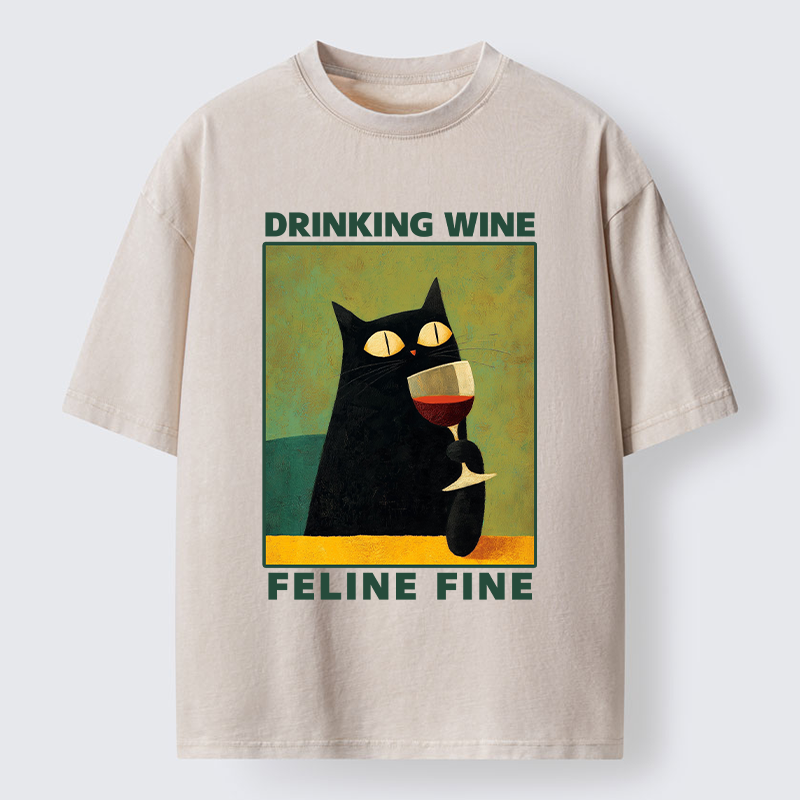 Tokyo-Tiger Drinking Wine Feline Wine Washed T-Shirt