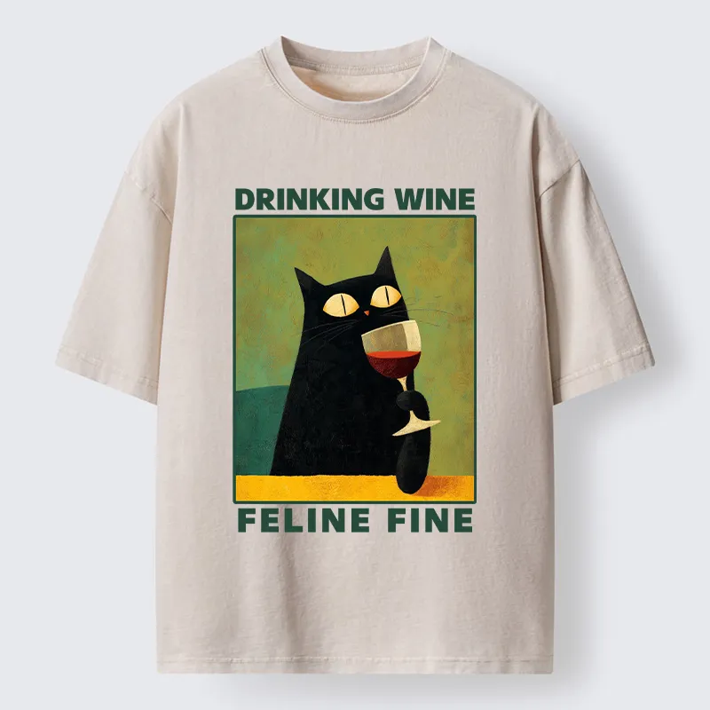 Tokyo-Tiger Drinking Wine Feline Wine Washed T-Shirt