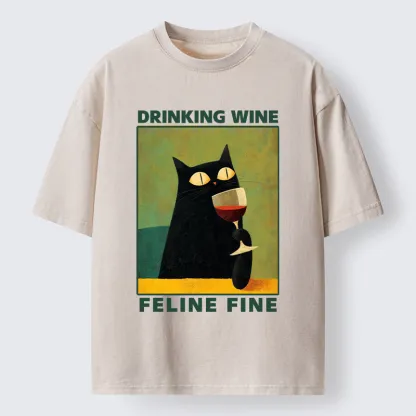 Tokyo-Tiger Drinking Wine Feline Wine Washed T-Shirt
