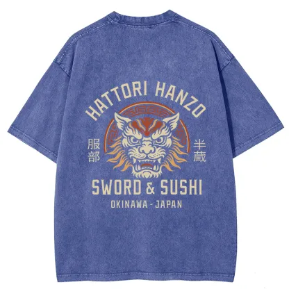 Tokyo-Tiger Hattori Lion Japanese Samurai Back Washed T-Shirt