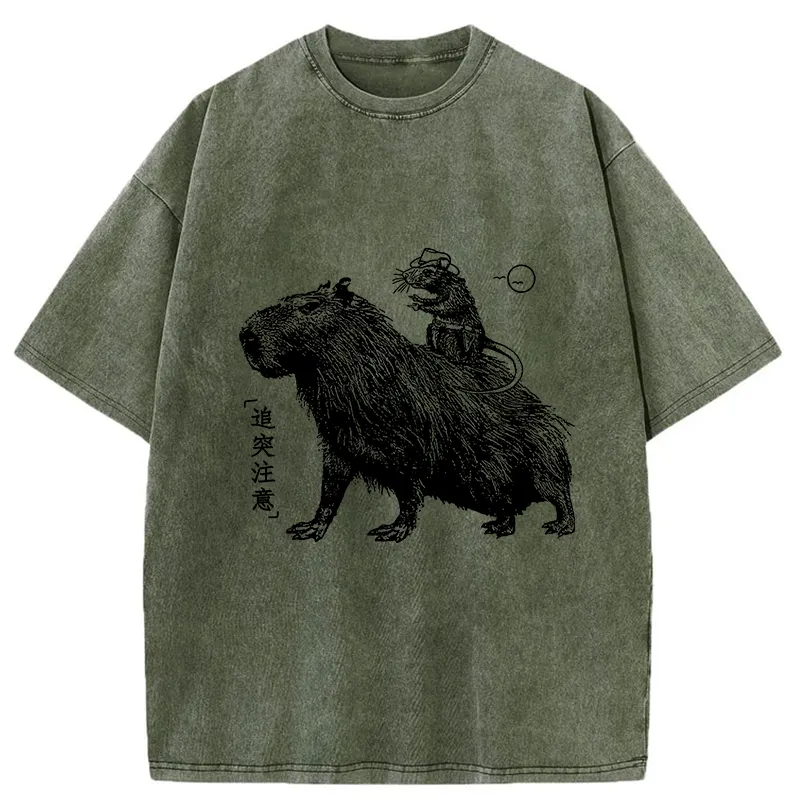 Tokyo-Tiger Mouse Riding A Capybara Washed T-Shirt