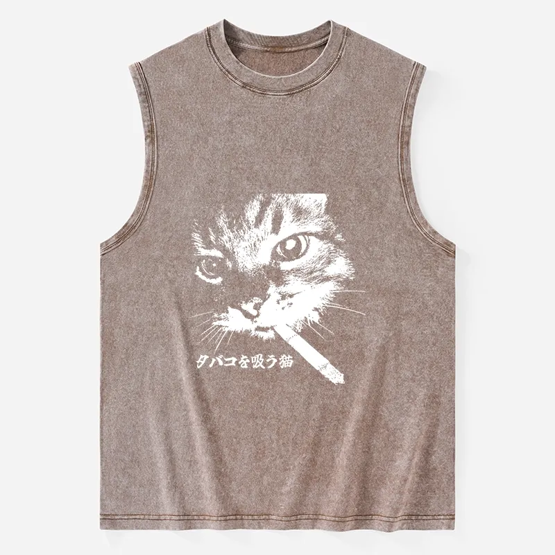 Tokyo-Tiger Retro Cat Smoking Washed Tank