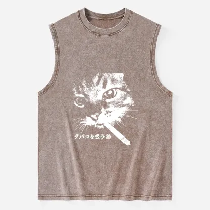 Tokyo-Tiger Retro Cat Smoking Washed Tank