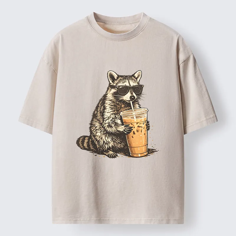 Tokyo-Tiger Raccoon Drinking Coffee Funny Washed T-Shirt Sale