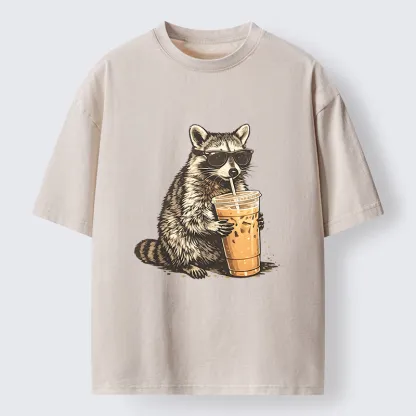 Tokyo-Tiger Raccoon Drinking Coffee FunnyWashed T-Shirt