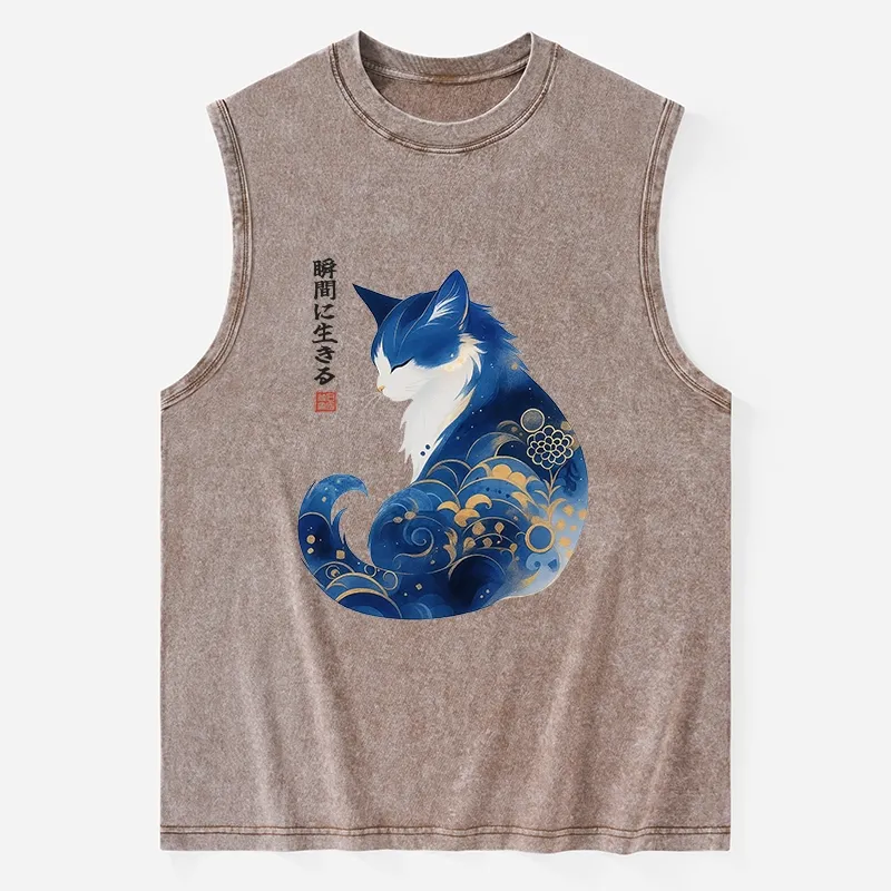 Tokyo-Tiger Retro Zen Cat: Living the Present Washed Tank