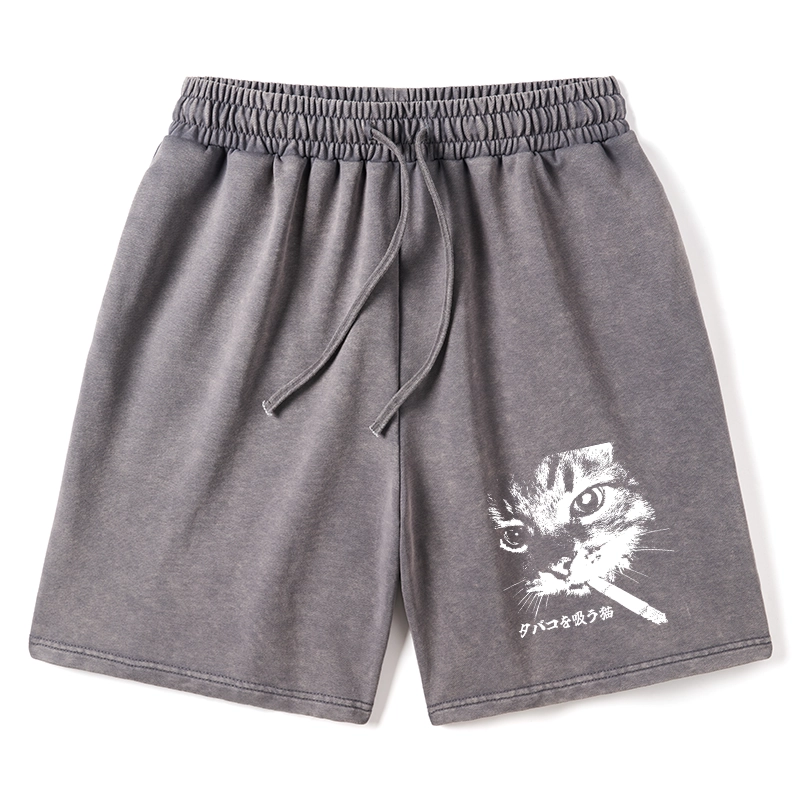 Tokyo-Tiger Retro Cat Smoking Washed Shorts