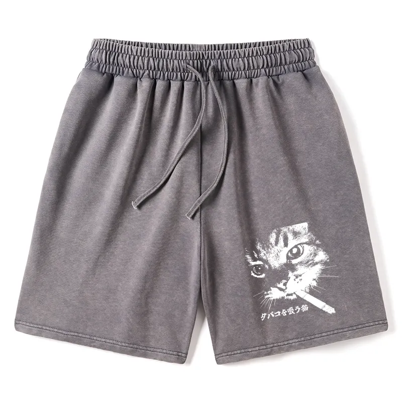 Tokyo-Tiger Retro Cat Smoking Washed Shorts