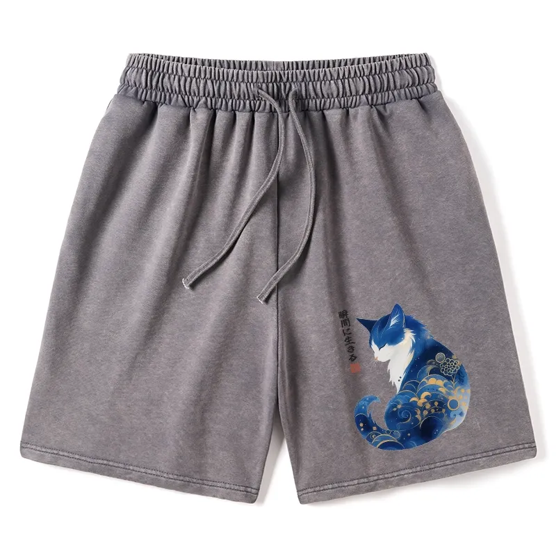 Tokyo-Tiger Retro Zen Cat: Living the Present Washed Shorts Sale